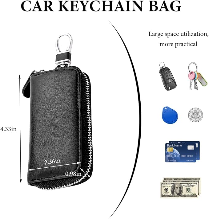 Leather Car Key Holder Bag, Unisex Key Fob Case with 6 Hooks, Zipper Closure Keychian Case Wallet for Smart Keys (Black)