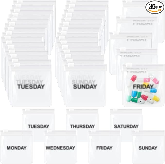 Sherr 35 Pcs Pill Pouch Bags with Zipper Pill Pouch Set Travel Reusable Translucent Medicine Organizer Self Sealing Plastic Bag with Slide Lock for Storage(Simple Colors,3 x 3 Inch,Week Style)