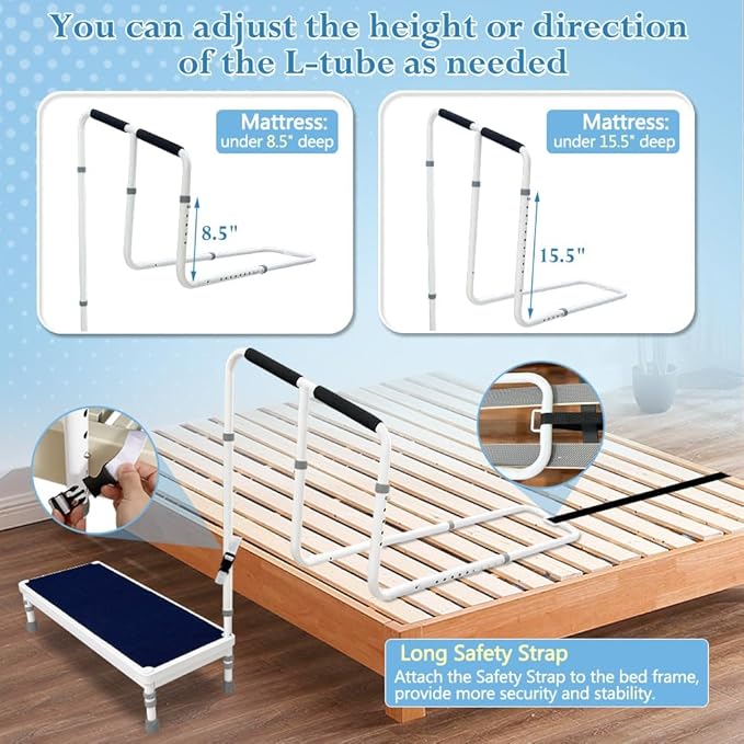 Bedside Steps for High Beds Step Stool with Handle for Elderly Bed Guard Rails for Adults Fall Prevention Devices Bed Cane Assist Bar Handrails Seniors Wide Platform Footstool (31.6"- Stool)