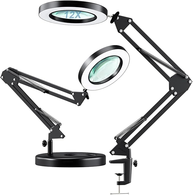 HITTI 12X Magnifying Glass with Light, 1,800 Lumens Stepless Dimmable, 3 Color Modes, 4.2″ Real Glass Lens LED Desk Lamp & Clamp, Magnifier Light and Stand for Crafts, Soldering, Fly Tying, Close Work