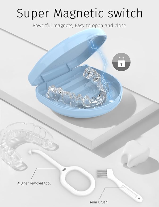 2Pack Retainer Case, Compatible with Invisalign, Slim Aligner Case with Vent Holes, Portable Orthodontic Box with Removal Tool, Brush and Lanyard, Blue