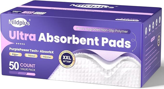 110 Grams Heavy Duty Bed Pads 30''X36'', 50 Count MILDPLUS Purple Disposable Underpads with Anti-Slip Film, Extra Large Chucks Pads, 3X Thicker Incontinence Pads for Adults, Kids or Pet