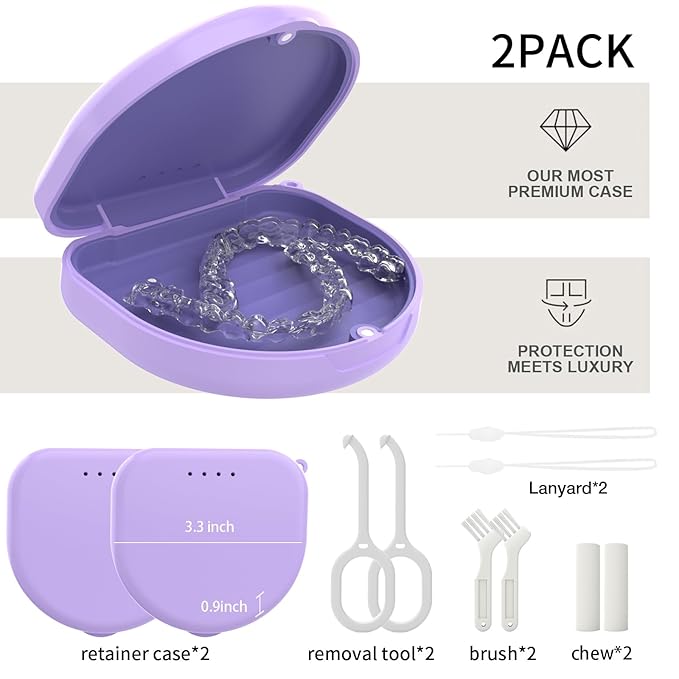 2 Pack Retainer Case, Slim Aligner Case with Vent Holes and Silicone Liner, Compatible with Invisalign, Includes Removal Tool, Brush, Chews, Purple