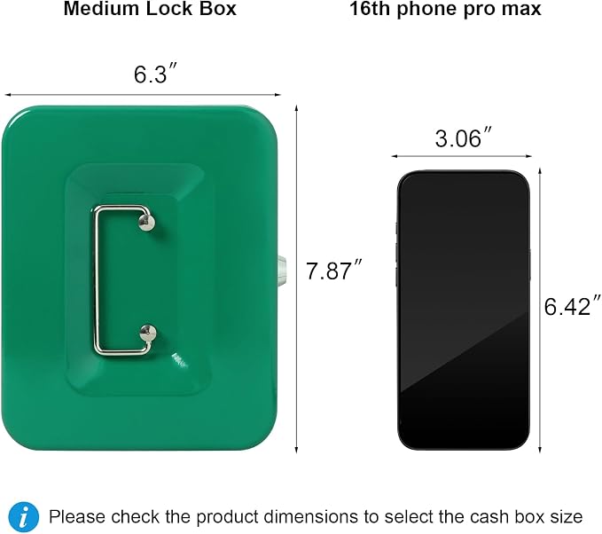 Jssmst Medium Cash Box with Key Lock - Durable Metal Cash Box with Money Tray, Green, Medium