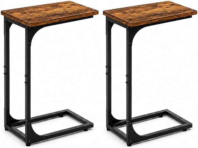 TEMI C Shaped End Table for Couch, Set of 2 Small Side Table for Sofa, TV Tray for Eating or Laptop, Accent Desk for Chair, Space Saving for Living Room Bedroom, Rustic Brown