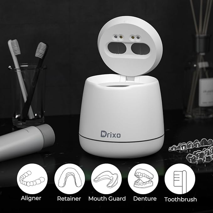 Drixo Ultrasonic Retainer Cleaner Machine, IPX6 Waterproof Dental Cleaning Pod, 3 Modes Denture Cleaner for Night Guard Mouth Guard Braces, 45kHz Denture Dome with UV Light, 200ML Tank, Arctic White