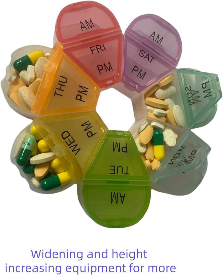 Cute 7 Day AM PM Pill Organizer, Twice a Day Weekly Pill Box with 7 Color Coded Compartments, Flower Shape Portable Travel Pill Case for Vitamins, Supplements and Medications (Multicolor, Large)