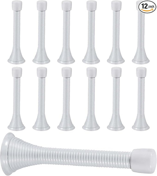 KISEER 12 Pack Spring Door Stops 3 1/4 Inch Flexible Heavy Duty Spring Door Stopper with RustProof Screw Rubber Bumper Tips (White)