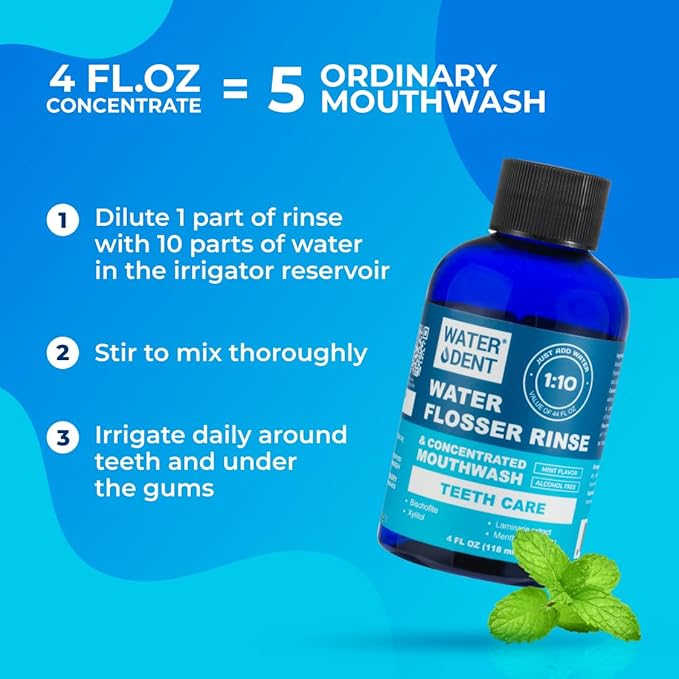 | Water Flosser Rinse, IRRIGANT, Concentrate Mouthwash | When dilluted1:10 = 44 fl.oz, Travel Size, Add to Oral irrigator, Mint Flavor, Alcohol & Fluoride Free. Made in USA | 4 fl.oz