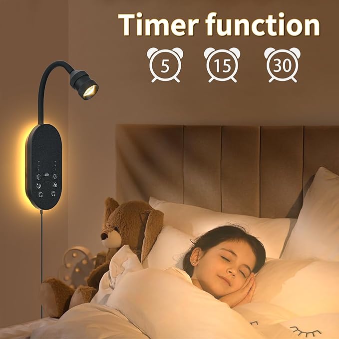 Wall Reading Light, LED Book Lights for Reading at Night, Wall Lamp with 3 Color Temperature & Timers, Adjustable Gooseneck Headboard Plug in Wall Sconce with USB C+A Ports