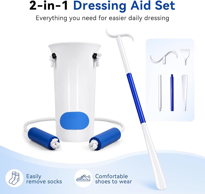 Sock Aid and 35.5 Inch Detachable Long Shoe Horn Set for Seniors, 2-Piece Sock Helper with Dressing Stick and Sock Remover for Putting on Socks, Shoes and Light Clothing Tasks