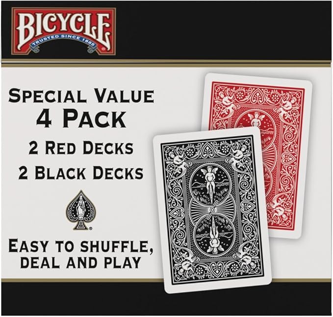 Bicycle Playing Cards 4 Pack Standard Index Poker Size Red and Black | Air Cushion Finish, Made in USA, 2 red and 2 black decks, 52 cards plus 2 Jokers per deck, For all card games