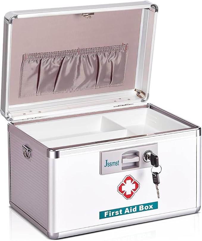 Jssmst Medication Lock Box with Key, Medicine Lock Box for Medication Storage, First Aid Box Locked Medicine Case, Key Safe Locking Box for Drugs Use, 12 x 7.4 x 8.1 inches, Silver