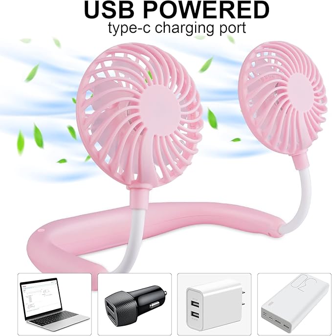 Haomaomao Portable Neck Fan 2500 mAh Rechargeable USB Hands-Free Mini Face Cooling Personal Double Headed Rotatable Small Fan for Working Office Reading Traveling Outdoor Sport