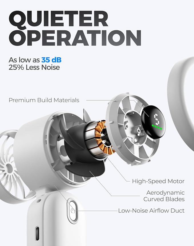 Diveblues Mini Portable Handheld Turbo Fan 27ft/s, 4000mAh Battery | 12H Max Cooling, 5 Speeds, LED Display, Quiet Motor, 3-in-1 Handheld/Neck/Desk Fan for Travel, Cruise & Disney Essentials