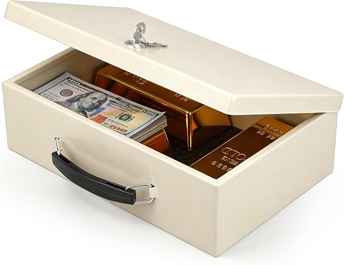 xydled Fireproof Document Box with Key Lock, Fire Safe Box, White | Fire and water resistant lock box for documents, passports, cash and valuables, keeping secure at home, 12.8 x 8.5 x 4.5 Inch
