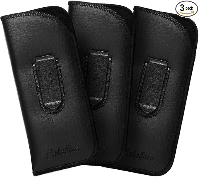 Calabria Slim Eye Glasses Case with Clip Soft PU Leather Black (3Pack) Men Women Eyeglass Pouch Slip-In Eyewear Sunglasses Bag