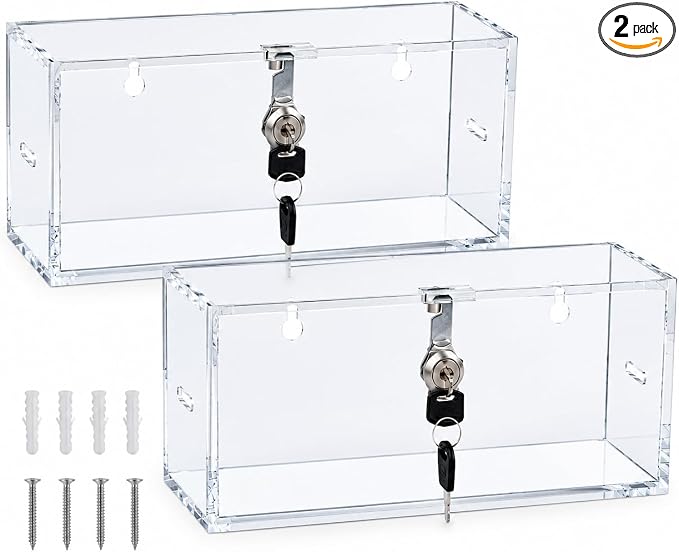 2 Pack Clear Acrylic Lock Box with Key Lock, Wall Mountable Security Storage Box, 9.9 x 5.1 x 3.9 Inch Lockable Container for Medicine, Phones, Snacks and Home Valuables