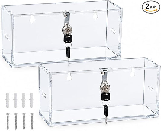2 Pack Clear Acrylic Lock Box with Key Lock, Wall Mountable Security Storage Box, 9.9 x 5.1 x 3.9 Inch Lockable Container for Medicine, Phones, Snacks and Home Valuables