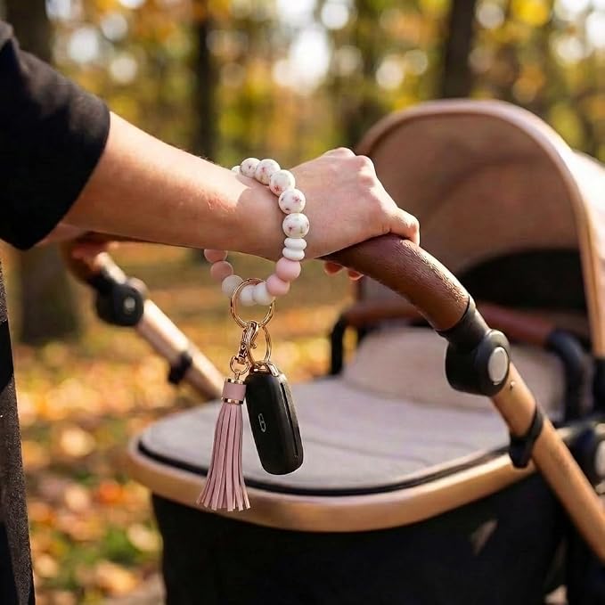 BIHRTC Key Ring Bracelet Car Keychain Holder Wristlet Silicone Women Beaded Bangle Chains