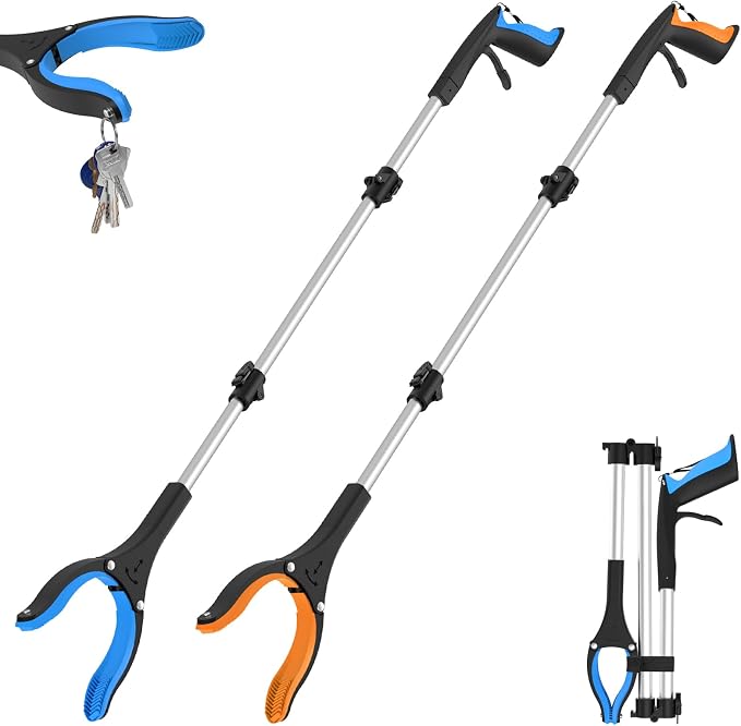 43 Inch Long Grabber Reacher Tool, 2 Pack Foldable for Seniors | Extended grabber reacher tool for seniors 5'8"-6'1", wheelchair. Aluminum, reaches 43 in. Reacher grabber pickup tool, 2-pack