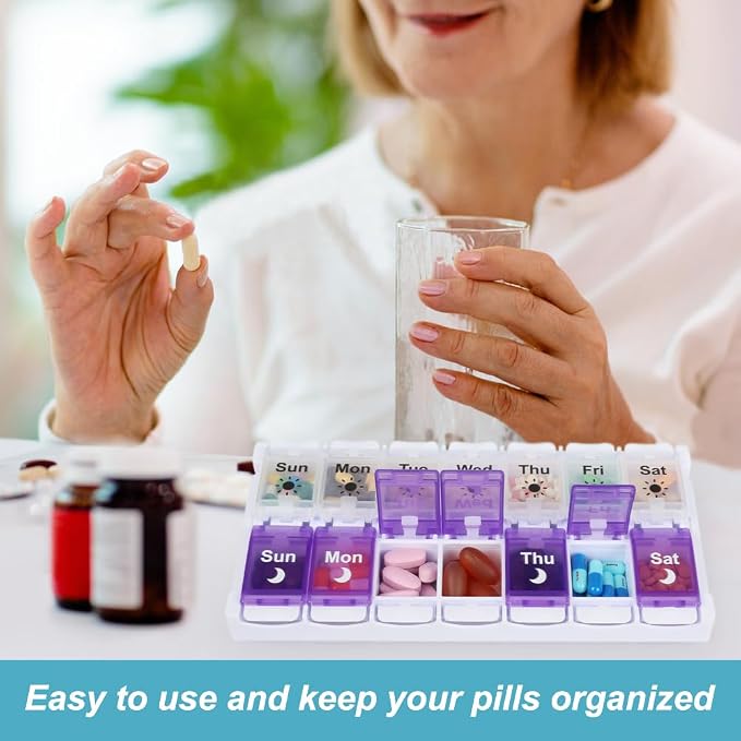 Shintop Am Pm Pill Organizer 7 Day, Weekly Pill Box 2 Times a Day | Easy-Open Push Button, Quick-Fill Top, 14 Large Compartments, BPA-Free PP, Silicone Hinges, Senior- and Arthritis-Friendly