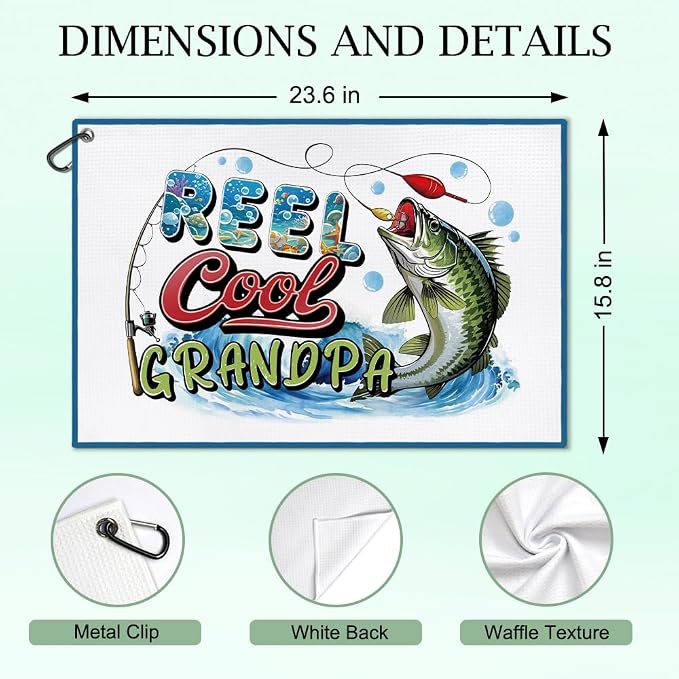 DYJYBMY Reel Cool Grandpa Printed Golf Towel with Clip, Funny Sea Bass Sport Towel for Fishing Lover, Golf Accessories for Dad, Retirement Father's Day Appreciation Gifts for Grandpa Dad Husband Uncle