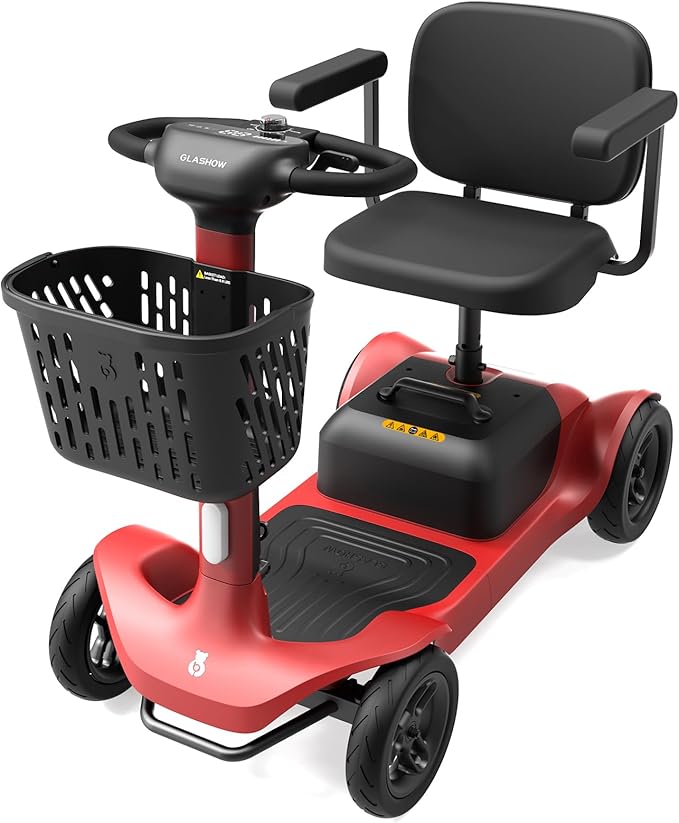 S1 Folding 4-Wheel Mobility Scooter for Seniors – 25-Mile Range, 6.2 mph, All-Terrain Electric Scooter with Adjustable Swivel Seat, 265 lb Capacity, Removable 24V 20Ah Battery – Red