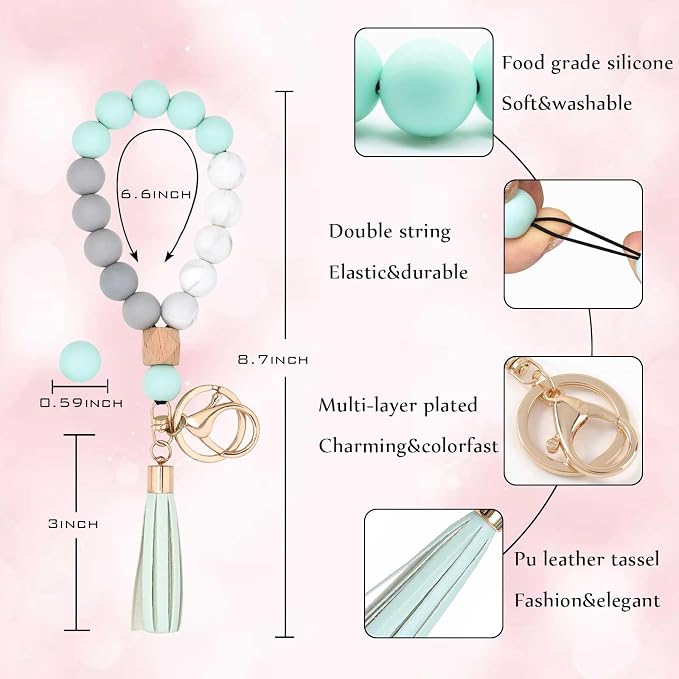 BAOSIWA Silicone Key Ring Bracelet Wristlet Keychain Unique Beaded Bangle Key Chains for Women with Leather Tassel