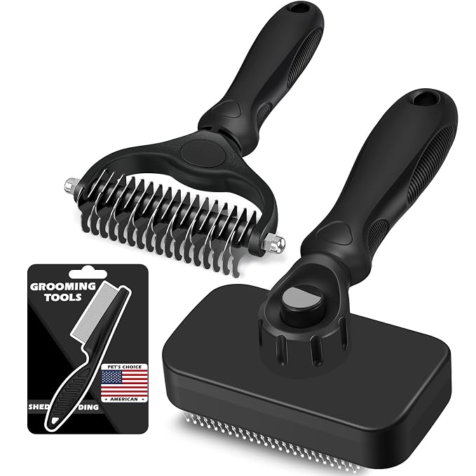 Professional 3PCS Self Cleaning Slicker Brush & Pet Grooming Rake & Flea Comb for Dogs,Cats and Horses | Double-Sided Dematting Comb & Skin Friendly Deshedding Grooming Tool | Pet Supplies (Black)
