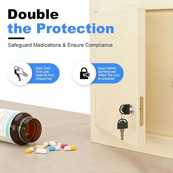 Yeeoy Locking Medicine Cabinet with Double Doors, Wall Mount Narcotics Cabinet, Steel Drug Cabinet with Adjustable Shelves, Secure Storage Box for Medications, First Aid & Home Safety, Beige