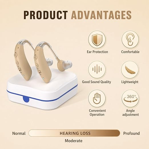 OTC Hearing Aids for Senior, Rechargeable Hearing Aids with Noise Cancelling, Behind-The-Ear Hearing Amplifier for Adults Hearing Loss with Volume Control (Brown)