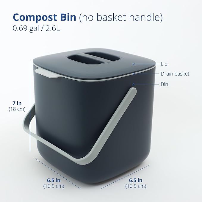 Blue Ginkgo Kitchen Compost Bin, 2.6L Countertop Compost Bin, Dark Grey | Odor-Tight. Filter-Free. Dishwasher Safe. (Standard)
