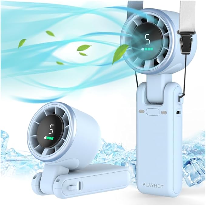 PlayHot Portable Handheld Turbo Fan, Travel Essentials, Gifts for Women/Men | 5-Speed, Up to 12H, 10m/s Airflow, USB-C Rechargeable, LED Display, 3-in-1 Foldable Personal Fan for Cruise, Beach, Vacation
