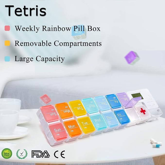 7-Day Pill Organizer with Medicine Reminder Alarm, Cozycabin Weekly Large Vitamin Box Organizer - AM PM Daily Travel Medication Box(Rainbow)