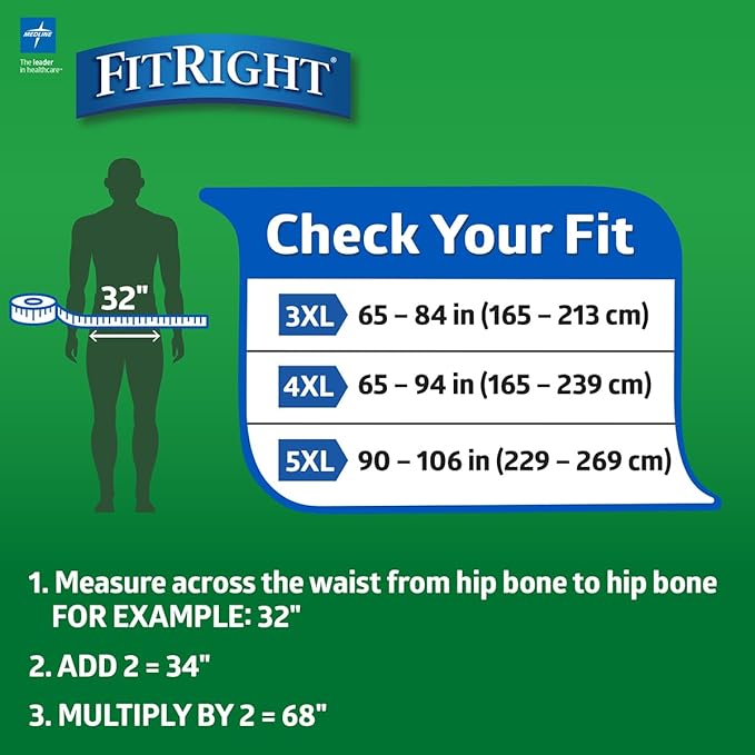 Medline FitRight Incontinence Diapers, Specialty Size Adult Diapers, For Men And Women, Maximum Protection, Waist Size 65"–94", 4XL, 8 briefs per bag, 32 briefs per case
