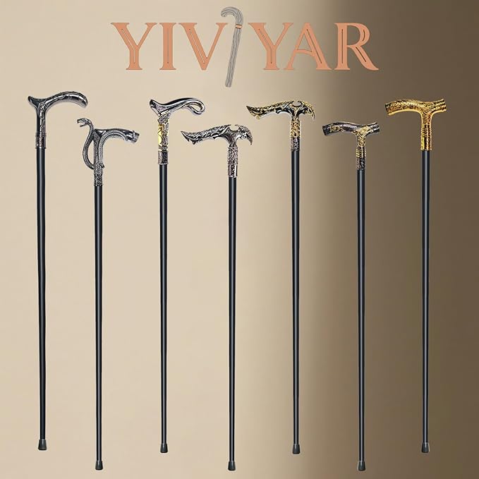 Walking Cane for Men & Women - 36.5 inch Heavy Duty 500+ lbs Capacity, Ergonomic Handle, Decorative & Ornate Fancy Design, Gothic & Goth Elegant Matte Black & Gold Artistry, Metal Cane