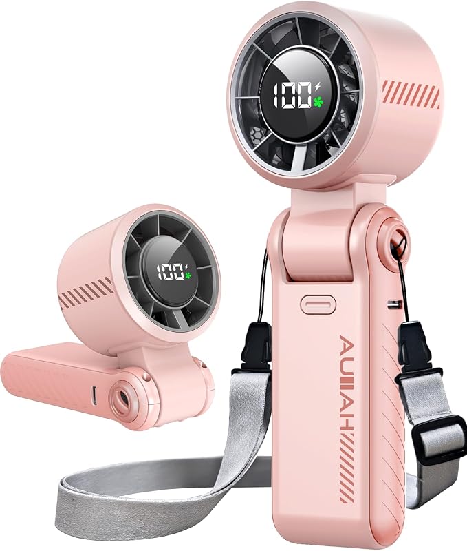 Portable Handheld Turbo Fan - 5 Speed Mini Personal Fan with Strong Airflow, Foldable 3 in 1 Rechargeable Battery Operated Trave Essentials Hand Fans for Indoor/Outdoor Use, Pink