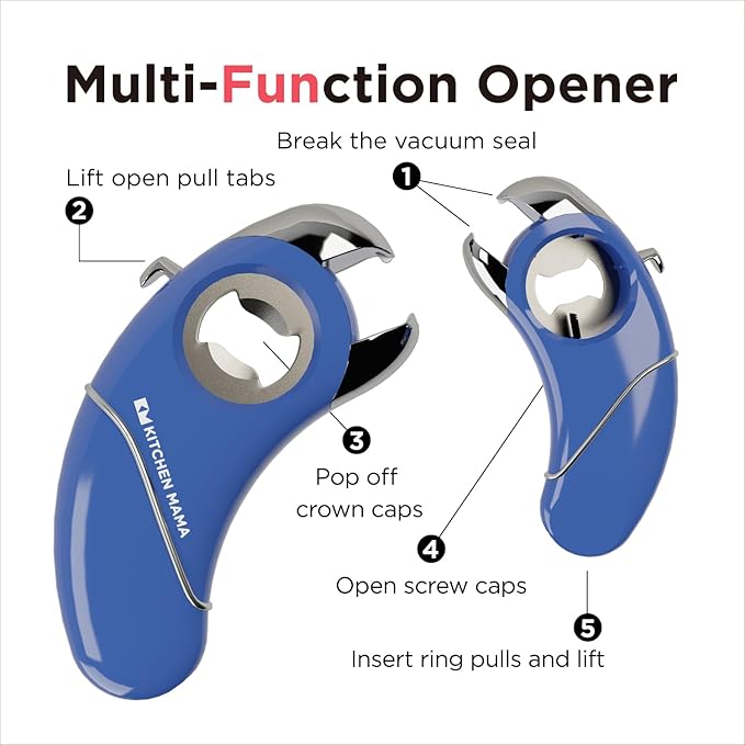 Kitchen Mama Epic One Multifunction Opener: Magnetic Bottle Opener, Beer Soda Opener, Effortless Jar Lid Opener for Seniors and Elderly with weak Hands and Arthritis, Essential Kitchen Gadget (Blue)