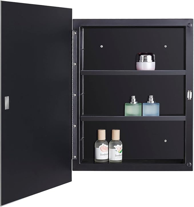 Black Plastic Bathroom Medicine Mirror Cabinet 16 x 22 inch, Surface and Recessed Mount, Beveled Edge Mirror