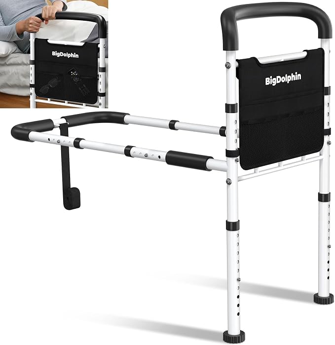 Bed Rails for Elderly Adults Safety - ASTM Approved Adjustable Bed Cane with Non-Slip Ergonomic Handle & Storage Pocket, 400 LBS Stable Bed Assist Rails for Seniors, Tool-Free