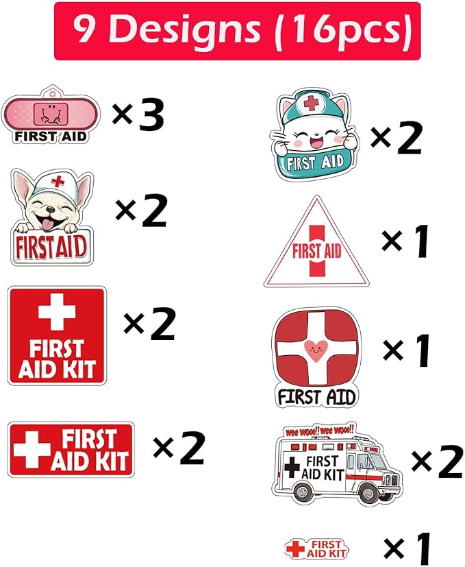 First Aid Sticker Decal Set | Self-Adhesive Vinyl Decals | 1st Aid Emergency Box Package | 9 Designs, 16 Pieces