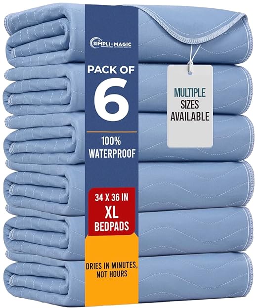 Simpli-Magic Washable Underpads, 34"x36" (Pack of 6) - Heavy Absorbency Reusable Bedwetting Incontinence Pads for Kids,Adults,Elderly,and Pets - Waterproof Protective Pad for Bed,Couch,Sofa,Floor