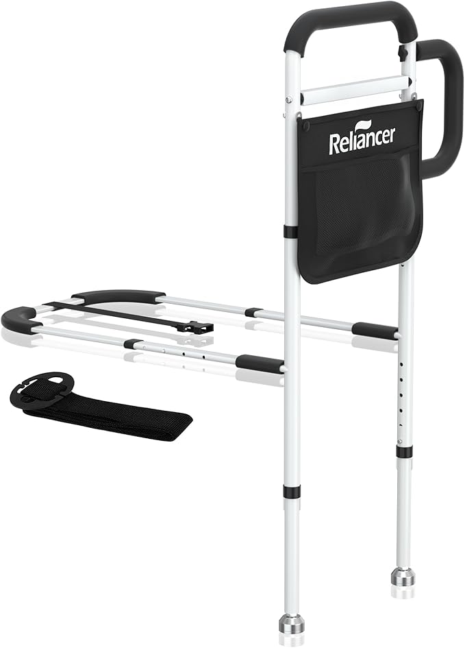 RELIANCER Bed Safety Rail for Elderly Adults w/Support Leg,Dual Handle Assist Grab Bar for Seniors,Adjustable Bedside Support Railings,Bed Side Assist Guard Rails,Bedside Hand Guard Bar Safety Bedrail
