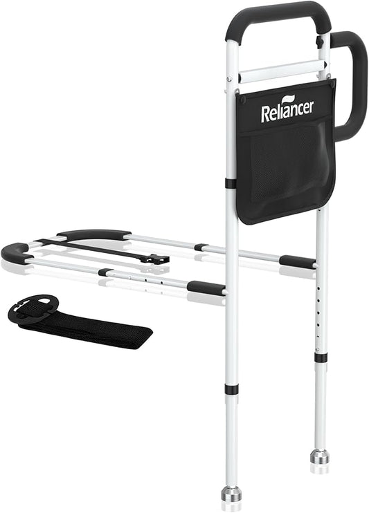 RELIANCER Bed Safety Rail for Elderly Adults w/Support Leg,Dual Handle Assist Grab Bar for Seniors,Adjustable Bedside Support Railings,Bed Side Assist Guard Rails,Bedside Hand Guard Bar Safety Bedrail