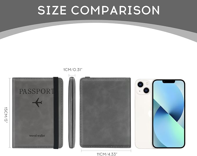 ILIYAH-Passport Cover-Passport Holder Travel Wallet-RFID Blocking Passport Case Travel Accessories Card Holder Wallet Unisex Travel Gifts (Grey)