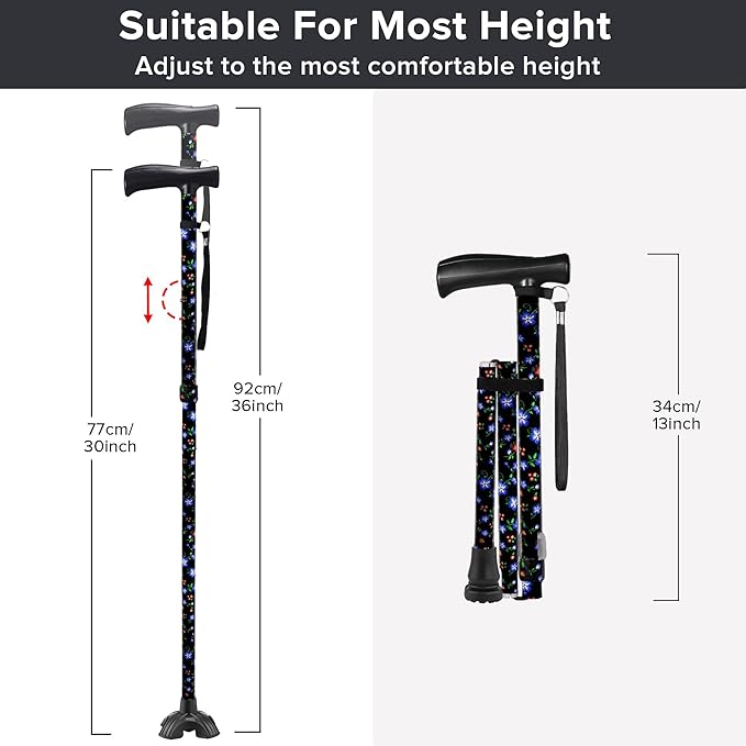 Floral Canes for Women Folding Cane for Stability with Non-Slip Base, Adjustable Walking Cane for Seniors - Lightweight Collapsible Walking Sticks with T & Offset Handle