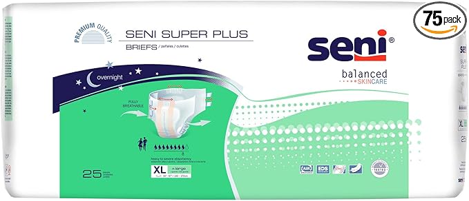 Seni Super Plus Unisex Adult Incontinence Briefs with tabs, Size XL (55"-67"), 75 Count (3 Packs of 25), Heavy to Severe Absorbency, Disposable Overnight Brief for Men & Women