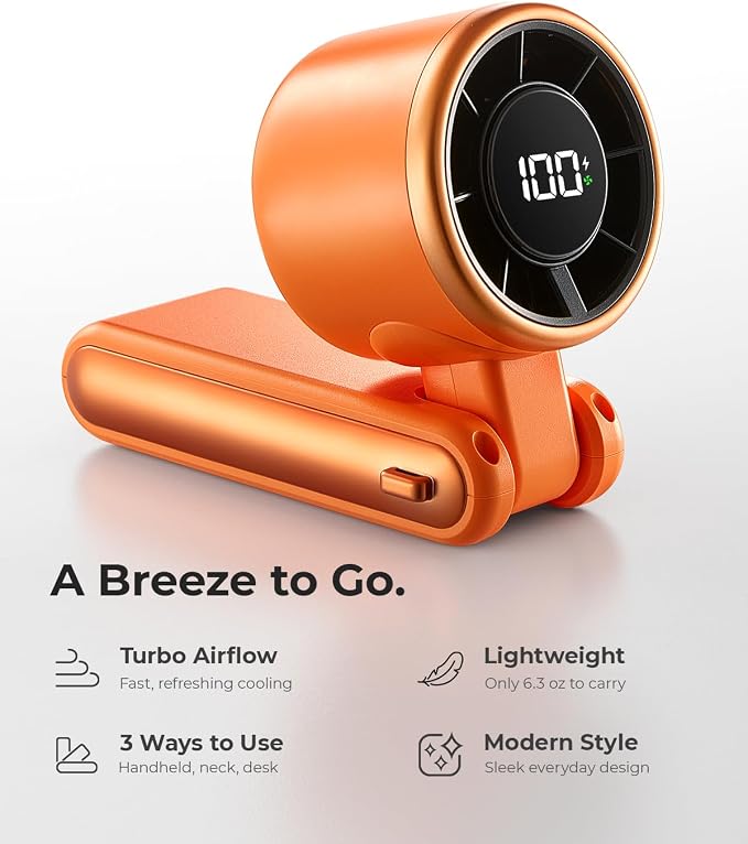 Portable Handheld Turbo Fan - 5 Gear High Speed 4000mAh Rechargeable Mini Personal Hand Fan Blow Cold Air, Battery Operated Travel Essentials, Gifts for Women, Men (Cosmic Orange)
