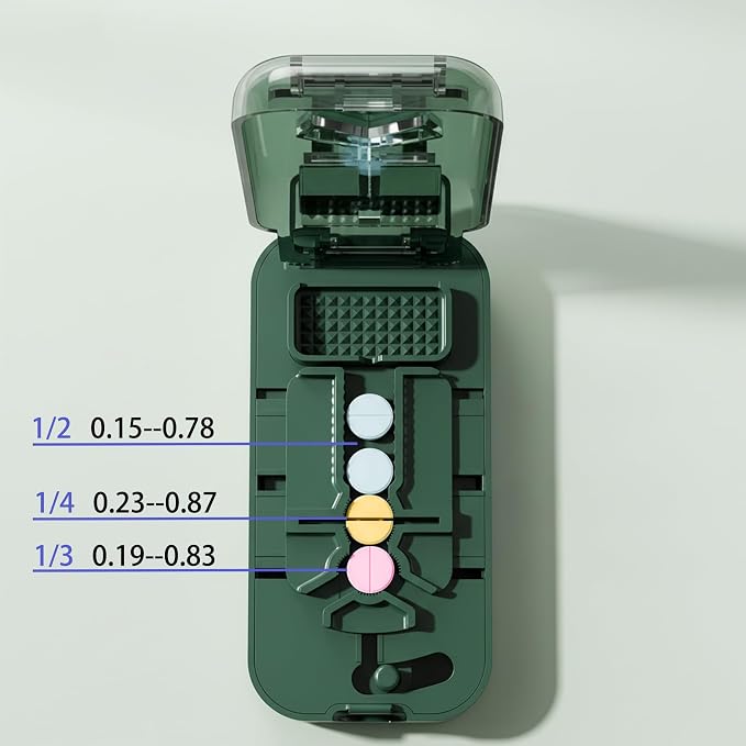 Precision Pill Cutter with Centering Guide - Multi-Angle Tablet Splitter for 1/2, 1/3 & 1/4 Cuts, Includes Pill Crusher & Storage Compartment (Transparent Green)